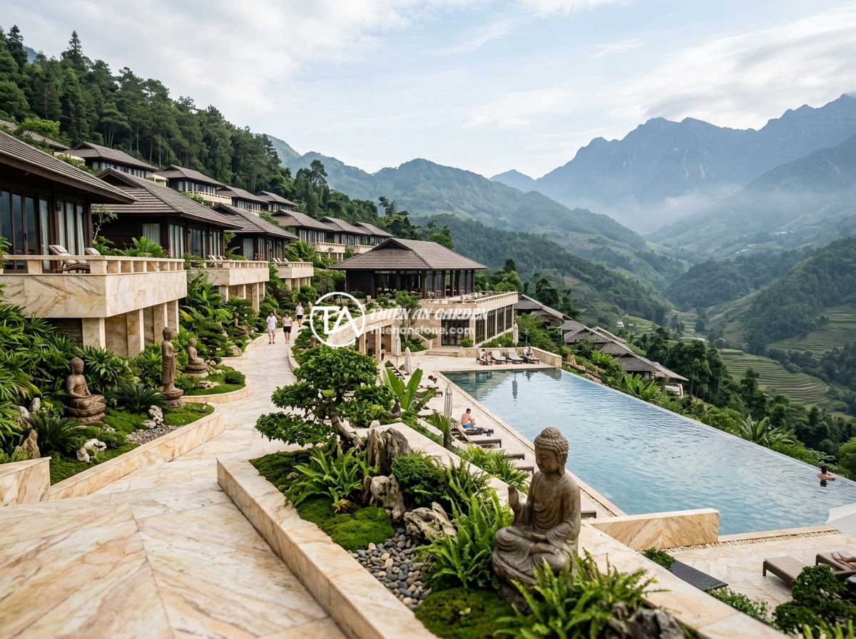 Ứng Dụng Thực Tế Của Tiểu Cảnh Tượng Phật Trong Thiết Kế Khu Nghỉ Dưỡng - Hình 10 Ứng Dụng Thực Tế Của Tiểu Cảnh Tượng Phật Trong Thiết Kế Khu Nghỉ Dưỡng - A panoramic view of a harmoniously designed Vietnamese mountain resort showing m