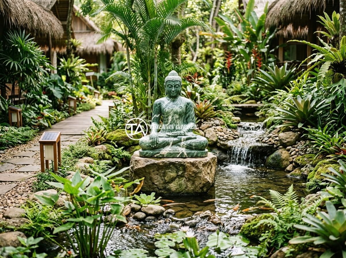 Ứng Dụng Thực Tế Của Tiểu Cảnh Tượng Phật Trong Thiết Kế Khu Nghỉ Dưỡng - Hình 11 Ứng Dụng Thực Tế Của Tiểu Cảnh Tượng Phật Trong Thiết Kế Khu Nghỉ Dưỡng - A sustainable eco-resort Buddha garden featuring solar-powered lighting, recircu