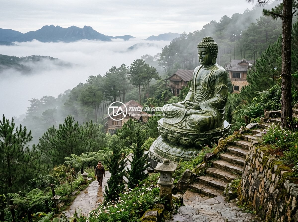 Ứng Dụng Thực Tế Của Tiểu Cảnh Tượng Phật Trong Thiết Kế Khu Nghỉ Dưỡng - Hình 12 Ứng Dụng Thực Tế Của Tiểu Cảnh Tượng Phật Trong Thiết Kế Khu Nghỉ Dưỡng - A misty mountain resort in Vietnam highlands featuring a large granite Buddha st