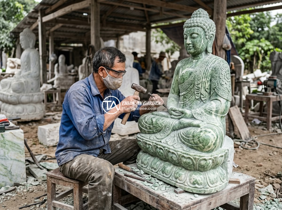 Ứng Dụng Thực Tế Của Tiểu Cảnh Tượng Phật Trong Thiết Kế Khu Nghỉ Dưỡng - Hình 7 Ứng Dụng Thực Tế Của Tiểu Cảnh Tượng Phật Trong Thiết Kế Khu Nghỉ Dưỡng - Master stone craftsman carefully carving intricate details on a large Buddha sta