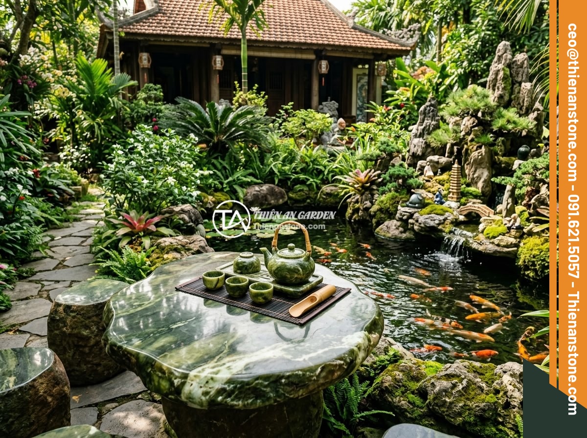 Xu hướng bộ ấm chén đá tự nhiên trong thiết kế nhà ở Việt Nam 2026 - A serene outdoor tea corner in a Vietnamese villa garden, featuring a natural st