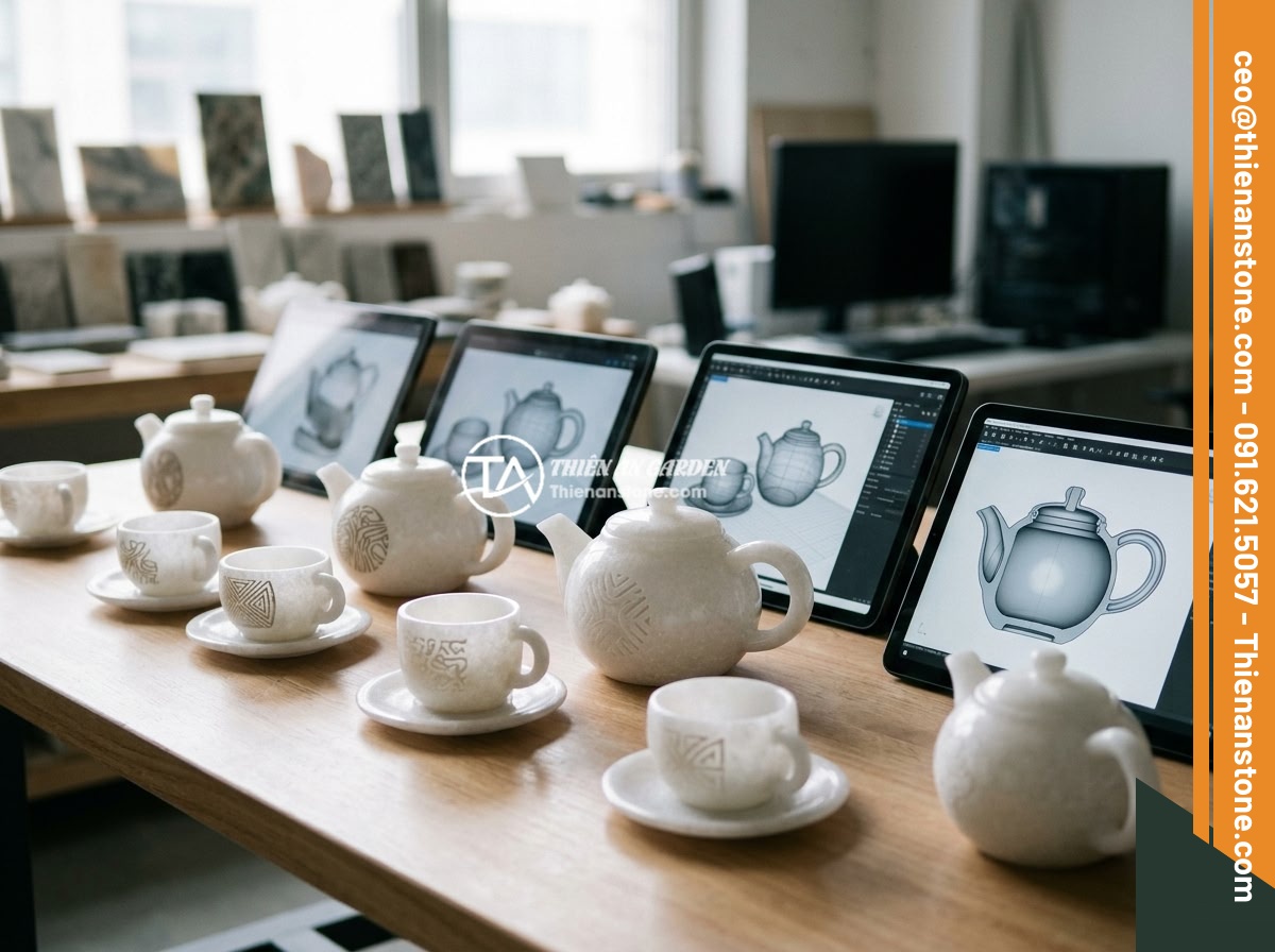 Xu hướng bộ ấm chén đá tự nhiên trong thiết kế nhà ở Việt Nam 2026 - A futuristic concept design of personalized natural stone tea sets with laser-en