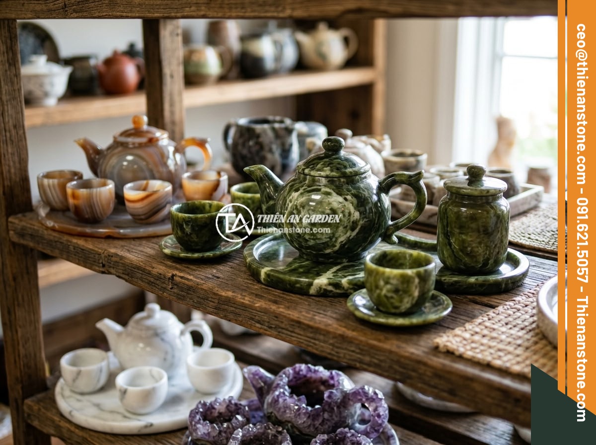 Xu hướng bộ ấm chén đá tự nhiên trong thiết kế nhà ở Việt Nam 2026 - Various types of natural stone tea sets including jade, marble, agate, and ameth