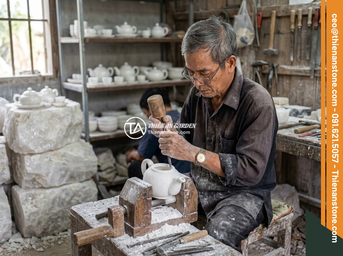 Xu hướng bộ ấm chén đá tự nhiên trong thiết kế nhà ở Việt Nam 2026 - A Vietnamese artisan carefully hand-carving a natural stone teapot using traditi