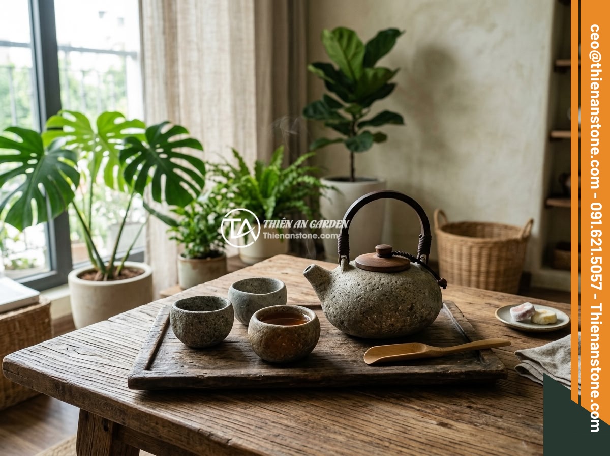 Xu hướng bộ ấm chén đá tự nhiên trong thiết kế nhà ở Việt Nam 2026 - A minimalist natural stone tea set with wabi-sabi aesthetic, placed on a rustic 