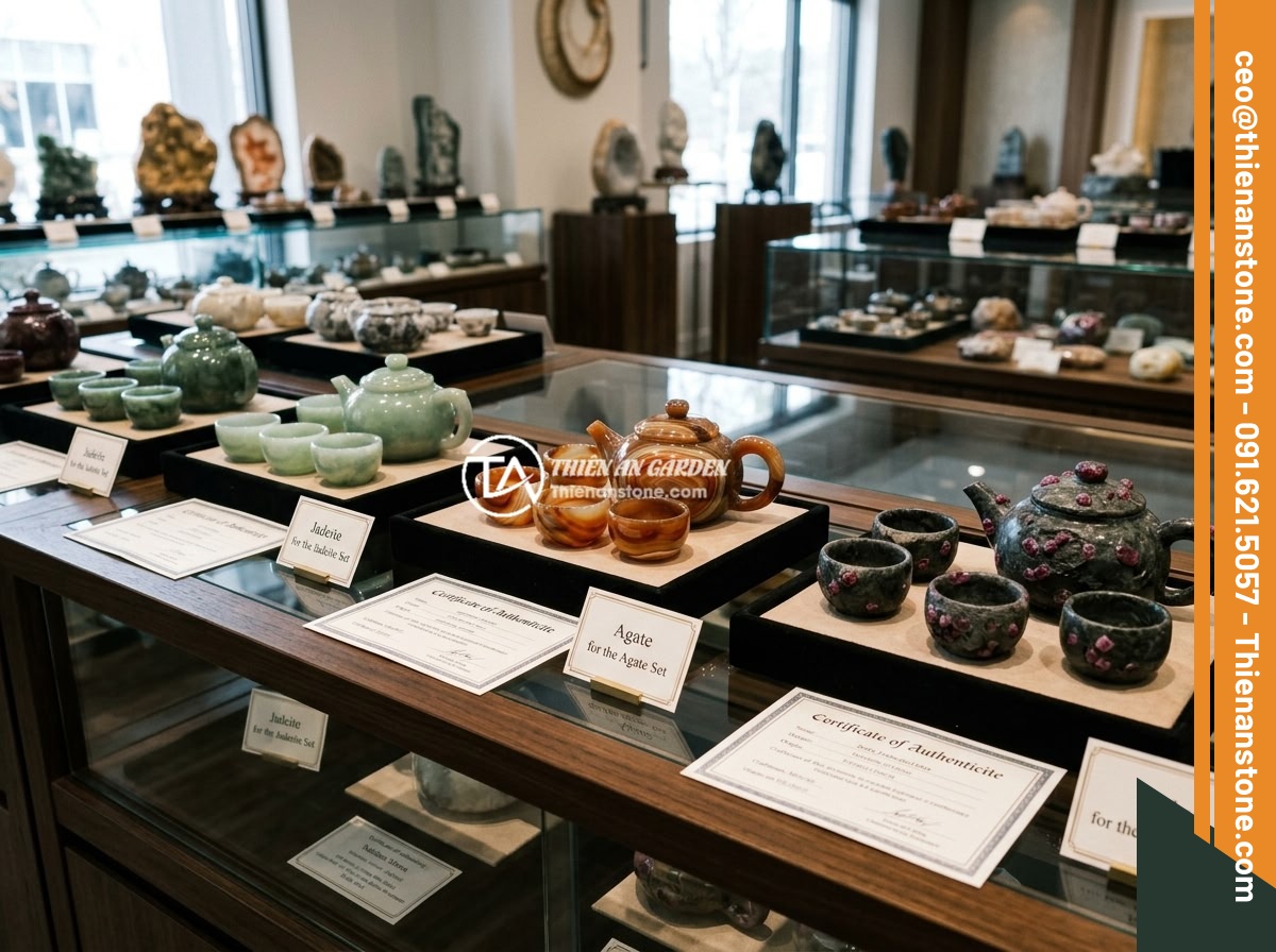 Xu hướng bộ ấm chén đá tự nhiên trong thiết kế nhà ở Việt Nam 2026 - A premium collection of rare natural stone tea sets displayed in an upscale show