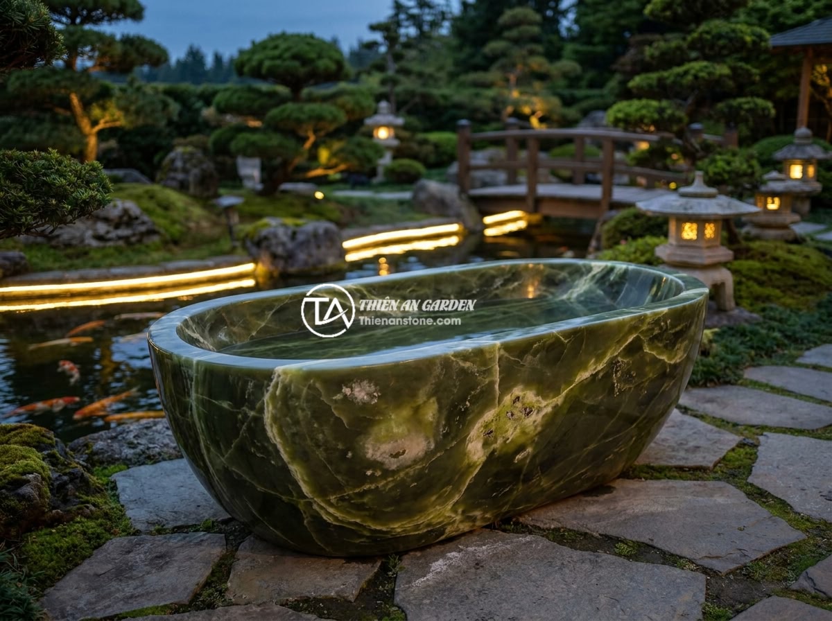 Xu Hướng Bồn Tắm Đá Tự Nhiên 2026: Màu Sắc Và Kiểu Dáng Hot Nhất - Outdoor natural stone bathtub in a beautifully landscaped Japanese garden with k