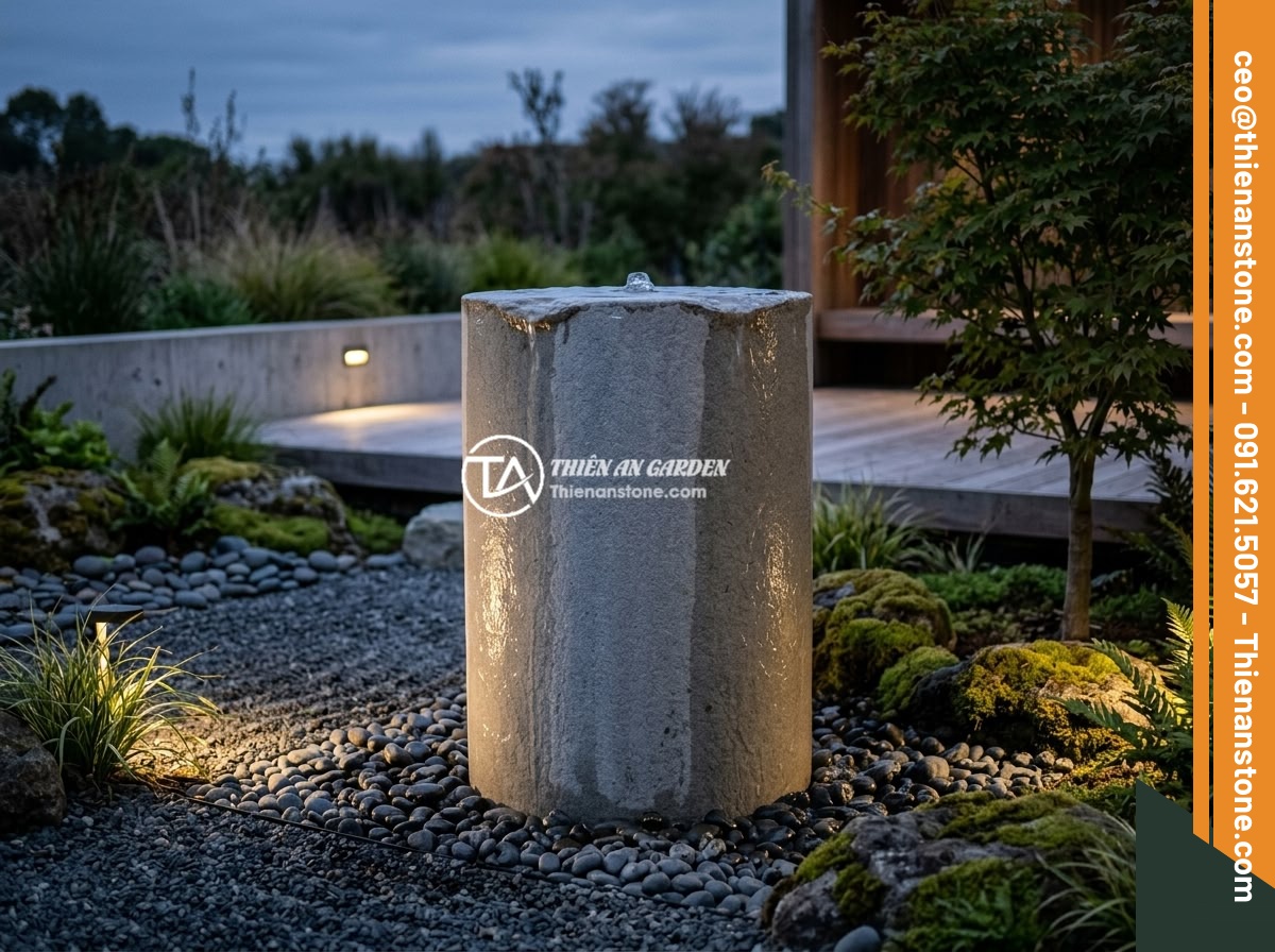 Xu hướng chum đá phong thủy trong thiết kế sân vườn hiện đại năm 2026 - A large modern minimalist stone jar with water overflow system in a contemporary