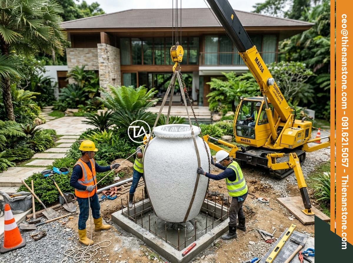 Xu hướng chum đá phong thủy trong thiết kế sân vườn hiện đại năm 2026 - Professional installation process of a large granite feng shui stone jar using a