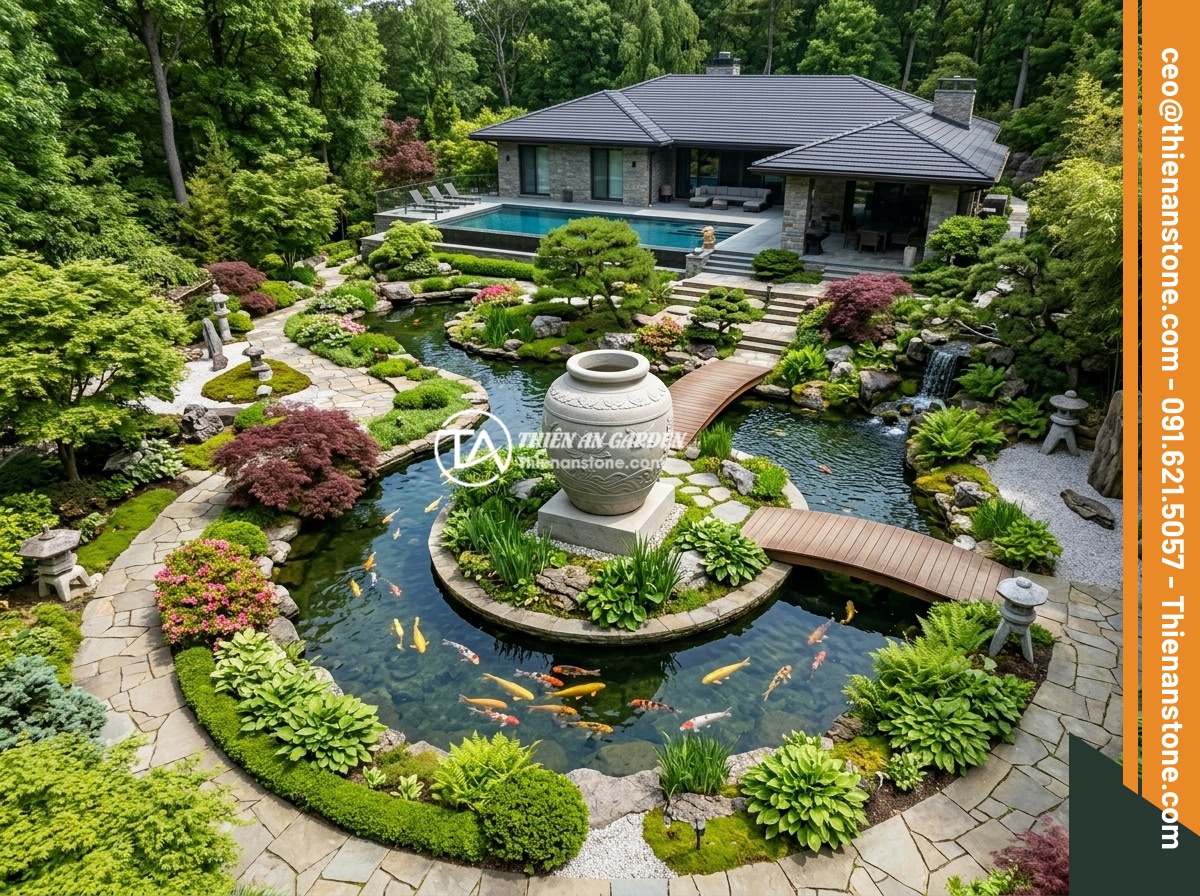 Xu hướng chum đá phong thủy trong thiết kế sân vườn hiện đại năm 2026 - Luxury villa garden with premium feng shui stone jar surrounded by koi pond, pre
