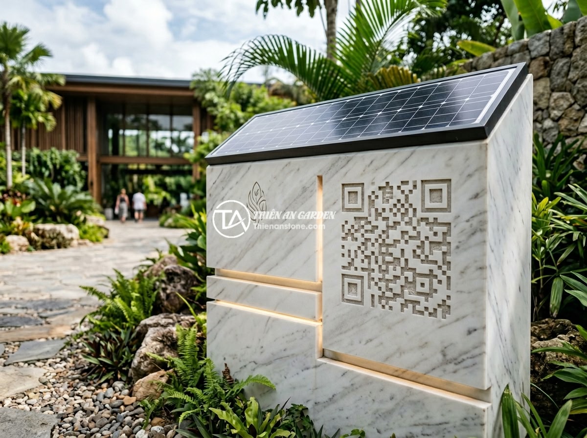 Xu hướng kết hợp bảng hiệu đá tự nhiên với vật liệu khác năm 2026 - Hình 12 Xu hướng kết hợp bảng hiệu đá tự nhiên với vật liệu khác năm 2026 - Futuristic natural stone signboard with integrated solar panel on top, QR code e