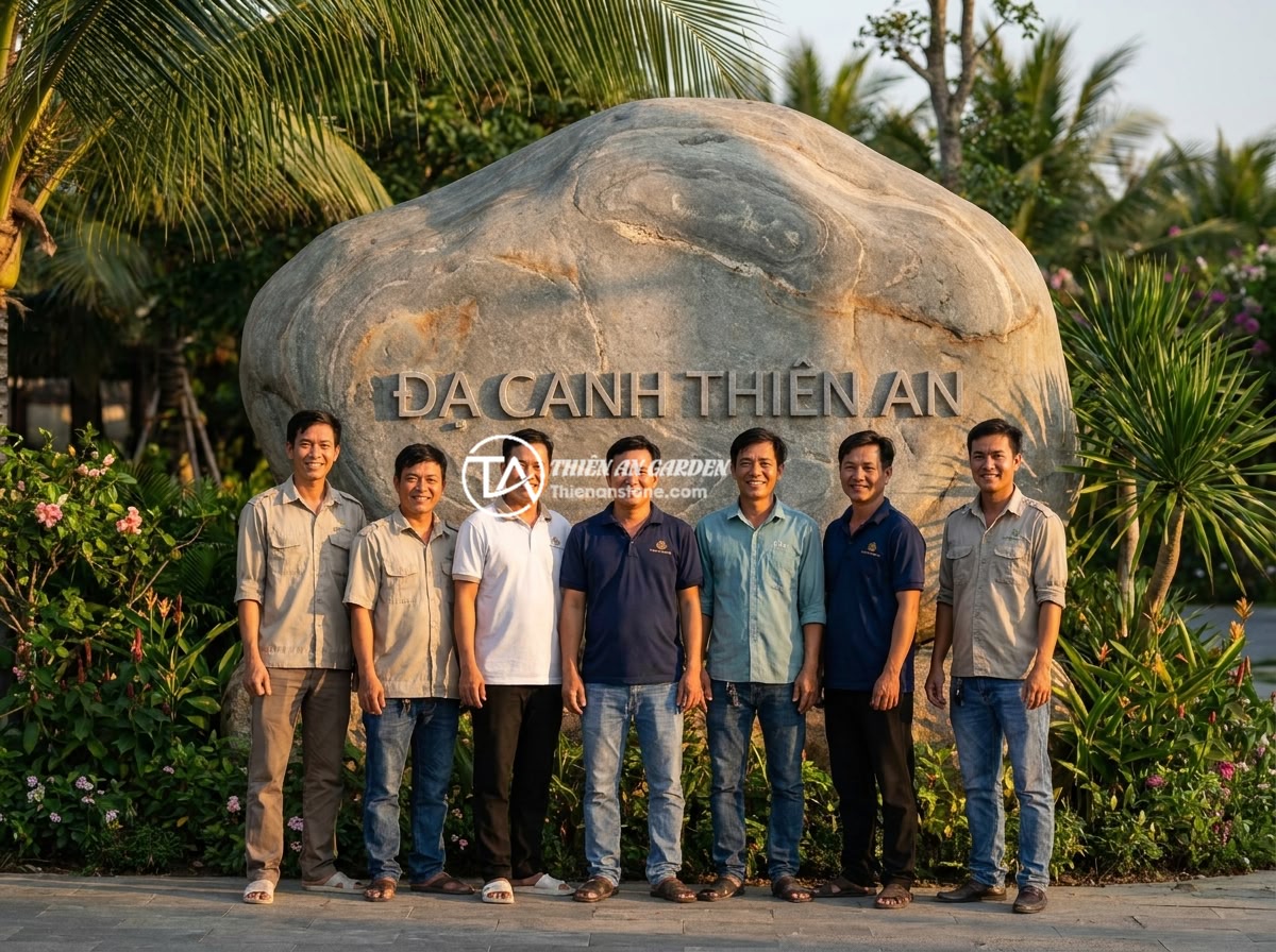 Xu hướng thiết kế bảng hiệu đá tự nhiên 2026: Kết hợp phong thủy và nghệ thuật hiện đại - Hình 13 Xu hướng thiết kế bảng hiệu đá tự nhiên 2026: Kết hợp phong thủy và nghệ thuật hiện đại - Professional team photo of Da Canh Thien An stone artisans and landscape designe