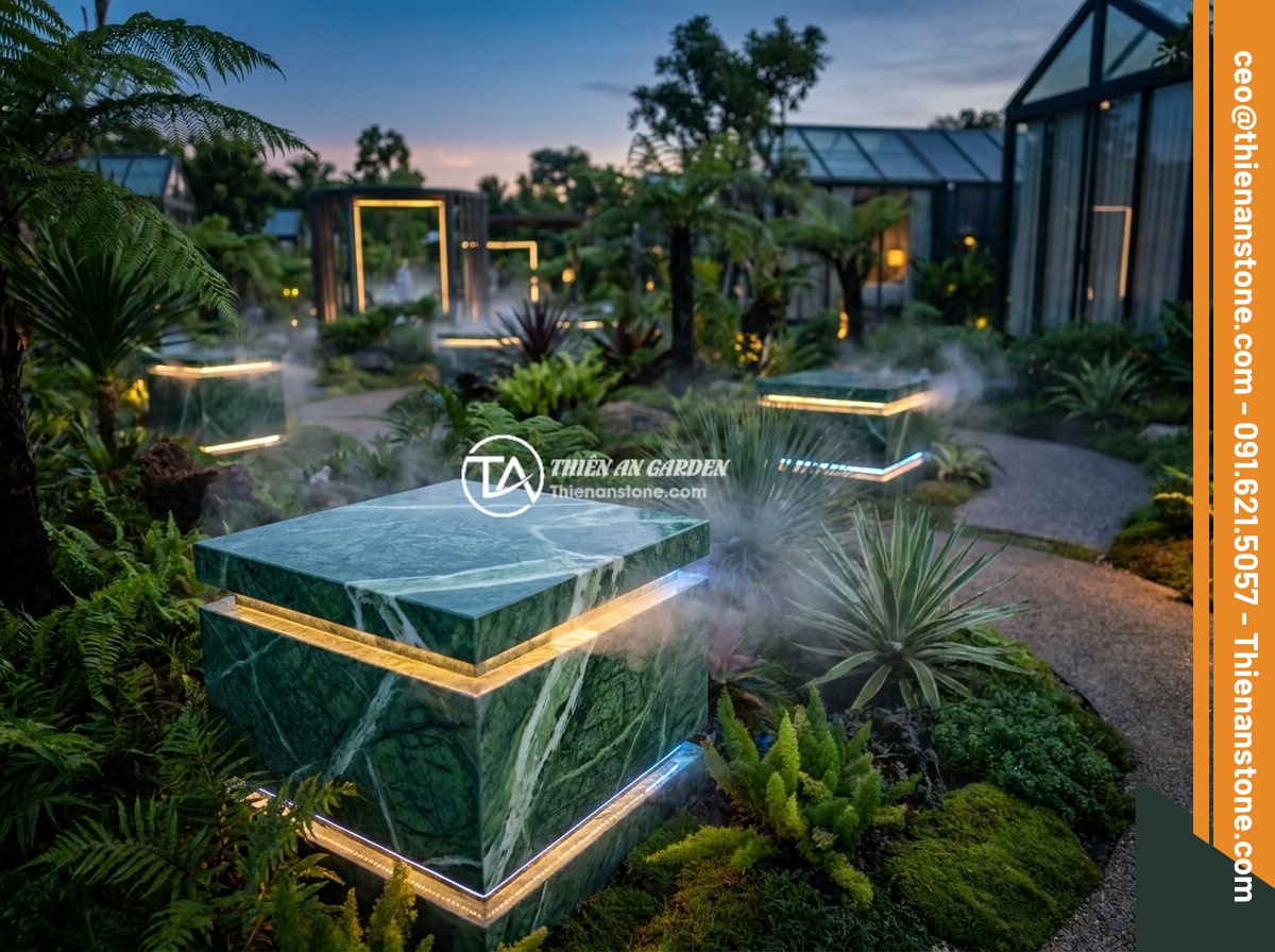 Xu hướng thiết kế đôn đá tự nhiên trong sân vườn biệt thự, resort 2026 - A futuristic resort garden at twilight featuring natural stone pedestals with in
