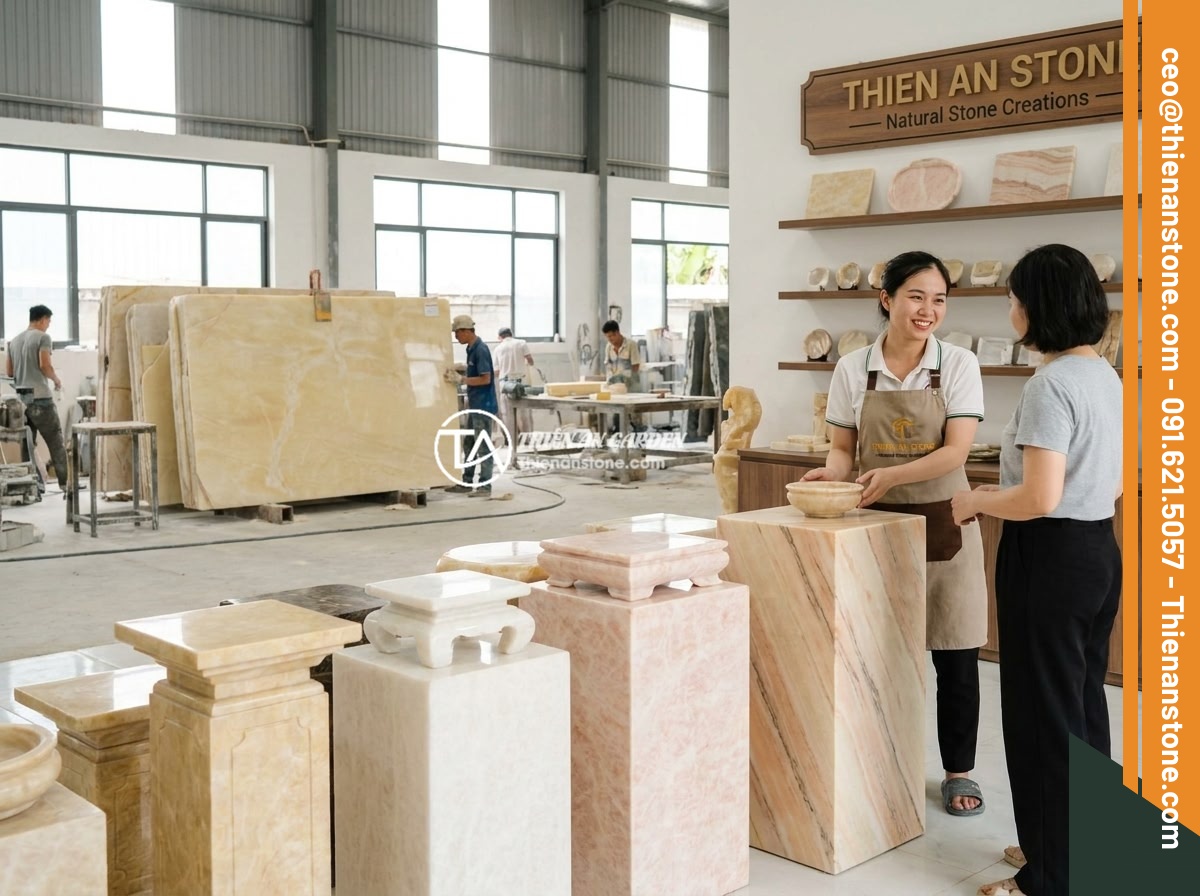 Xu hướng thiết kế đôn đá tự nhiên trong sân vườn biệt thự, resort 2026 - The Thien An Stone company showroom and workshop featuring a wide range of natur