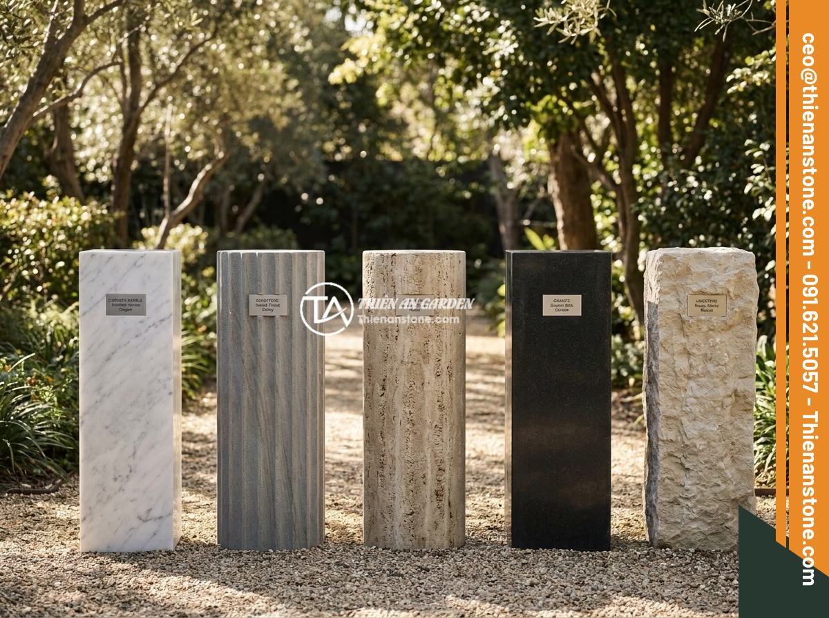 Xu hướng thiết kế đôn đá tự nhiên trong sân vườn biệt thự, resort 2026 - An infographic-style comparison of five types of natural stone pedestals display