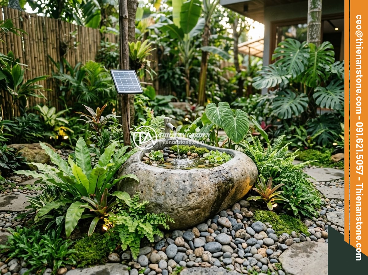 Ý tưởng kết hợp chum đá phong thủy với sỏi đá và non bộ trong tiểu cảnh sân vườn - Hình 12 Ý tưởng kết hợp chum đá phong thủy với sỏi đá và non bộ trong tiểu cảnh sân vườn - A futuristic sustainable garden featuring a feng shui stone jar with solar-power