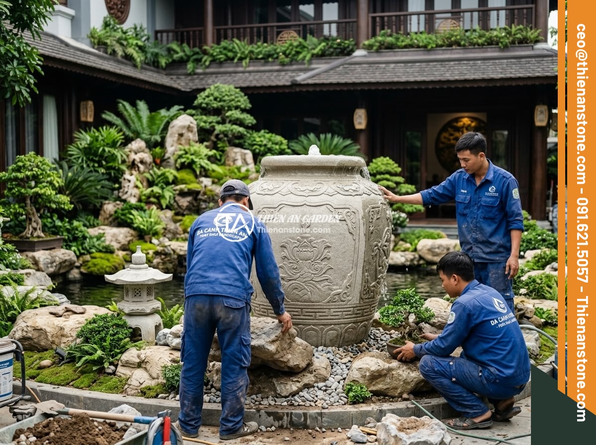 Ý tưởng kết hợp chum đá phong thủy với sỏi đá và non bộ trong tiểu cảnh sân vườn - Hình 13 Ý tưởng kết hợp chum đá phong thủy với sỏi đá và non bộ trong tiểu cảnh sân vườn - Professional team from Da Canh Thien An working on a large-scale feng shui stone