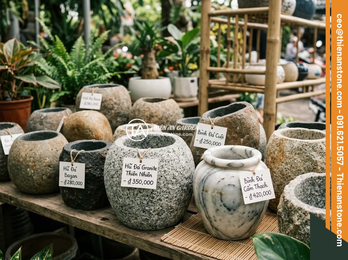 Ý tưởng kết hợp chum đá phong thủy với sỏi đá và non bộ trong tiểu cảnh sân vườn - Hình 2 Ý tưởng kết hợp chum đá phong thủy với sỏi đá và non bộ trong tiểu cảnh sân vườn - Close-up of various natural stone feng shui jars in different materials includin