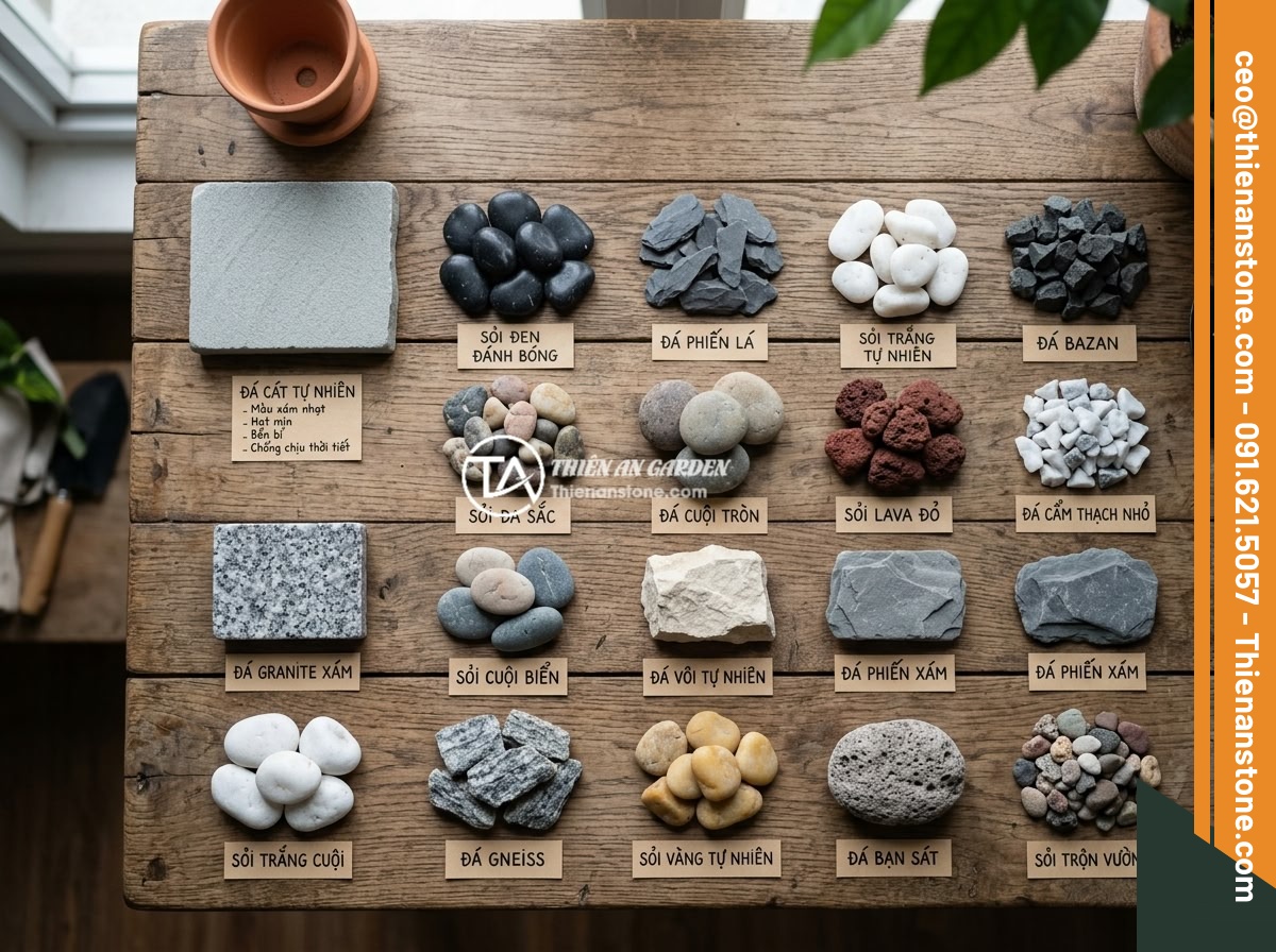 Ý tưởng kết hợp chum đá phong thủy với sỏi đá và non bộ trong tiểu cảnh sân vườn - Hình 7 Ý tưởng kết hợp chum đá phong thủy với sỏi đá và non bộ trong tiểu cảnh sân vườn - A flat lay arrangement of different natural stone and pebble samples used in gar