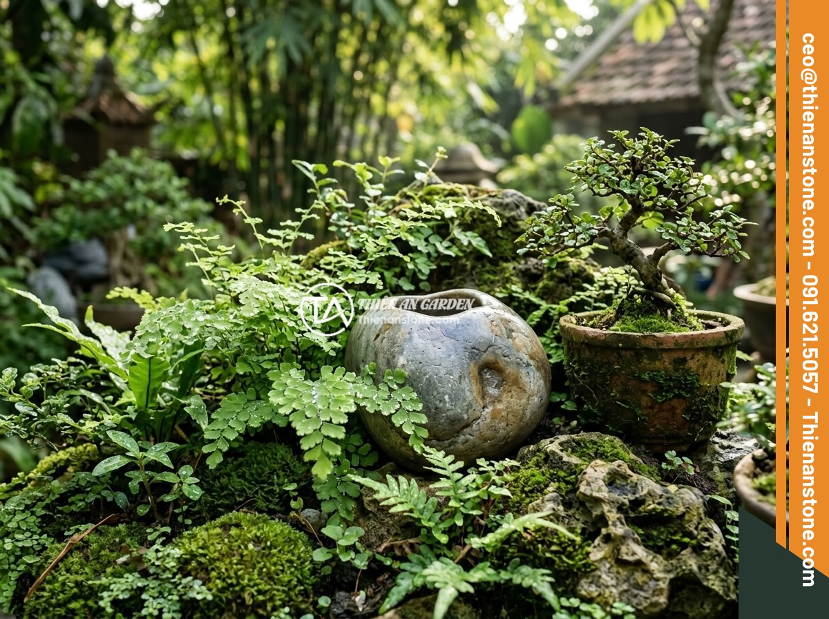 Ý tưởng kết hợp chum đá phong thủy với sỏi đá và non bộ trong tiểu cảnh sân vườn - Hình 8 Ý tưởng kết hợp chum đá phong thủy với sỏi đá và non bộ trong tiểu cảnh sân vườn - A close-up of lush green plants including ferns, moss, and bonsai trees growing