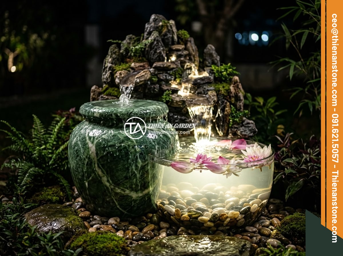 Ý tưởng kết hợp chum đá phong thủy với sỏi đá và non bộ trong tiểu cảnh sân vườn - Hình 9 Ý tưởng kết hợp chum đá phong thủy với sỏi đá và non bộ trong tiểu cảnh sân vườn - A feng shui stone jar with crystal clear water overflowing gently, water cascadi