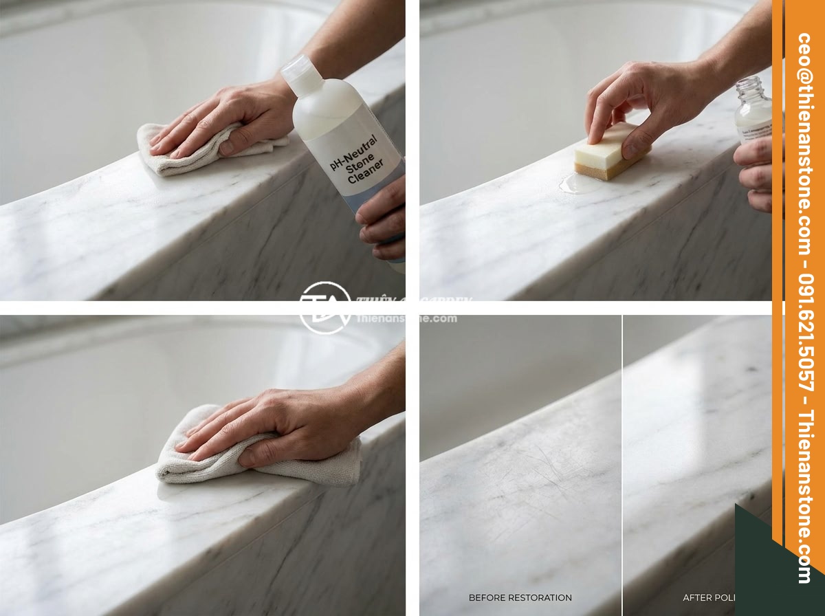 Ý Tưởng Thiết Kế Phòng Tắm Với Bồn Tắm Đá Tự Nhiên Sang Trọng 2026 - Step-by-step maintenance guide for natural stone bathtub showing cleaning with p