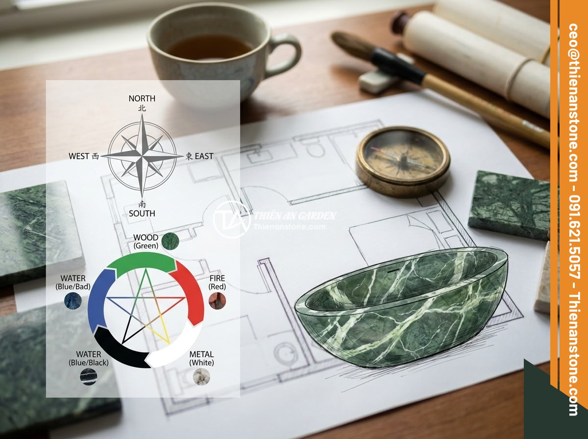 Ý Tưởng Thiết Kế Phòng Tắm Với Bồn Tắm Đá Tự Nhiên Sang Trọng 2026 - Feng shui diagram overlay on a bathroom floor plan showing optimal placement of 