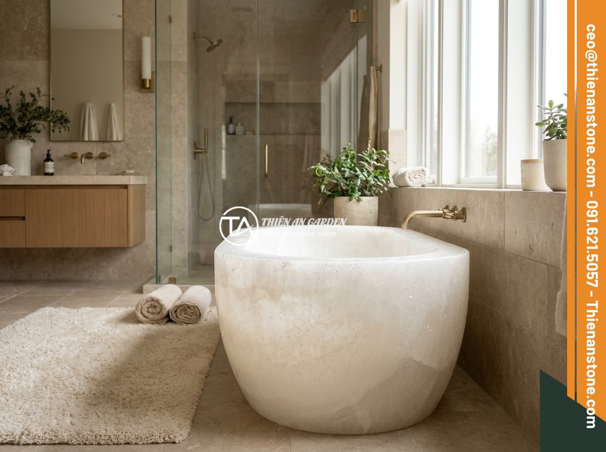 Ý Tưởng Thiết Kế Phòng Tắm Với Bồn Tắm Đá Tự Nhiên Sang Trọng 2026 - Stunning final showcase of a completed luxury bathroom project featuring a beaut