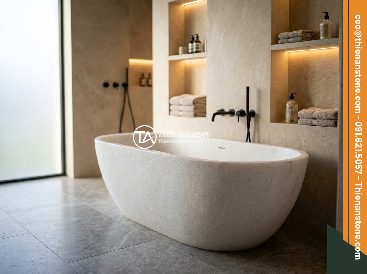 Ý Tưởng Thiết Kế Phòng Tắm Với Bồn Tắm Đá Tự Nhiên Sang Trọng 2026 - Ultra-modern minimalist bathroom featuring a freestanding oval natural stone bat