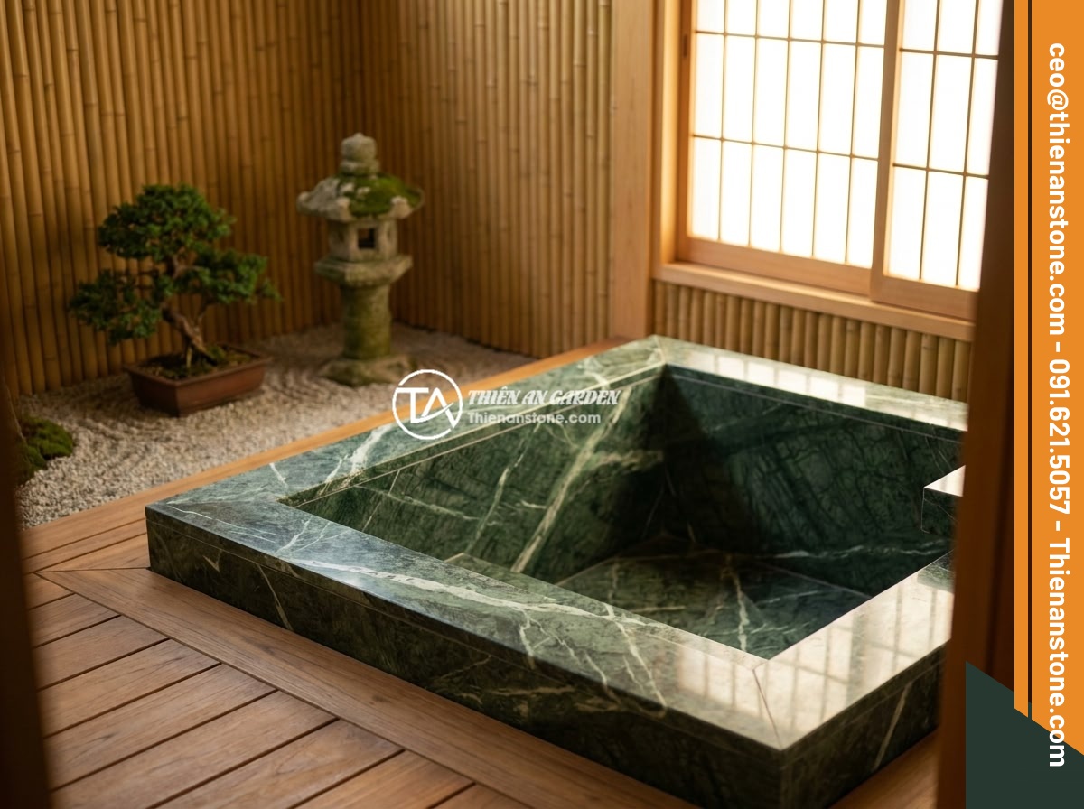 Ý Tưởng Thiết Kế Phòng Tắm Với Bồn Tắm Đá Tự Nhiên Sang Trọng 2026 - Japanese Zen-style bathroom featuring a deep square natural black basalt stone s