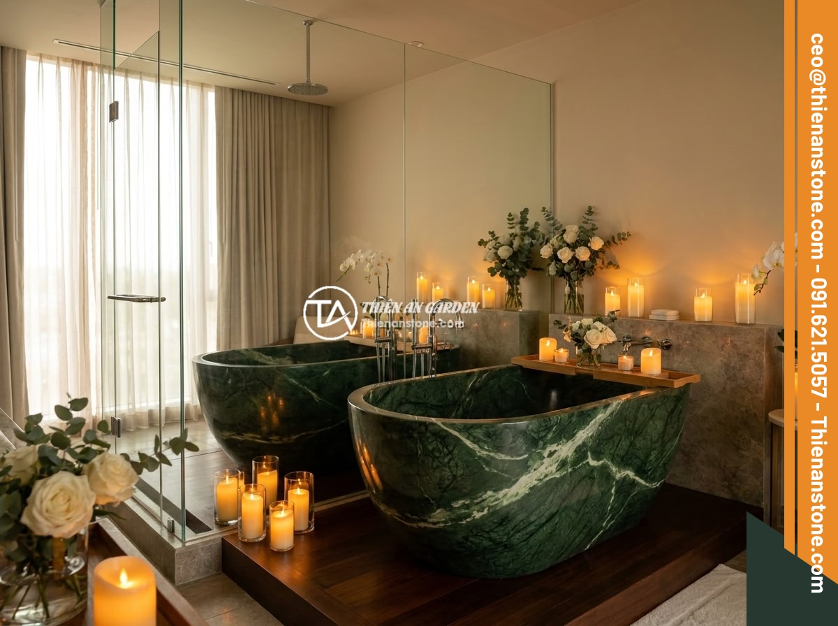 Ý Tưởng Thiết Kế Phòng Tắm Với Bồn Tắm Đá Tự Nhiên Sang Trọng 2026 - Luxurious master bedroom bathroom with a large white Calacatta marble freestandi
