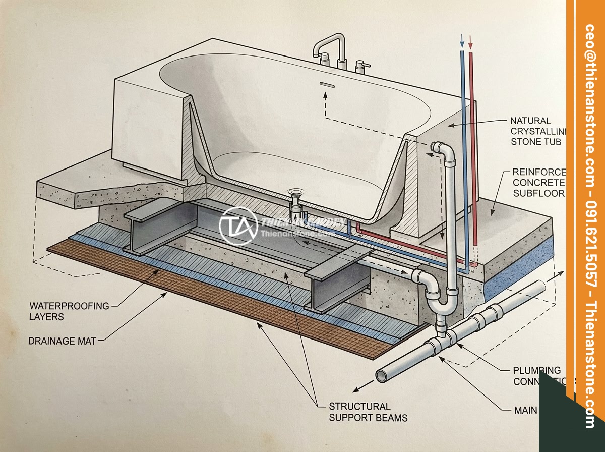 Ý Tưởng Thiết Kế Phòng Tắm Với Bồn Tắm Đá Tự Nhiên Sang Trọng 2026 - Technical cross-section illustration showing the installation process of a heavy