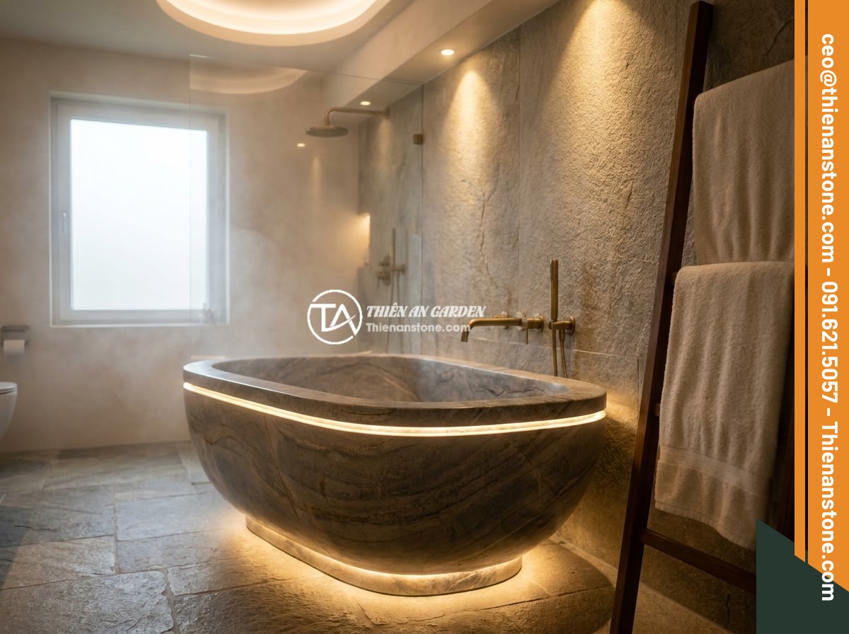 Ý Tưởng Thiết Kế Phòng Tắm Với Bồn Tắm Đá Tự Nhiên Sang Trọng 2026 - Atmospheric bathroom scene with a natural stone bathtub illuminated by layered l