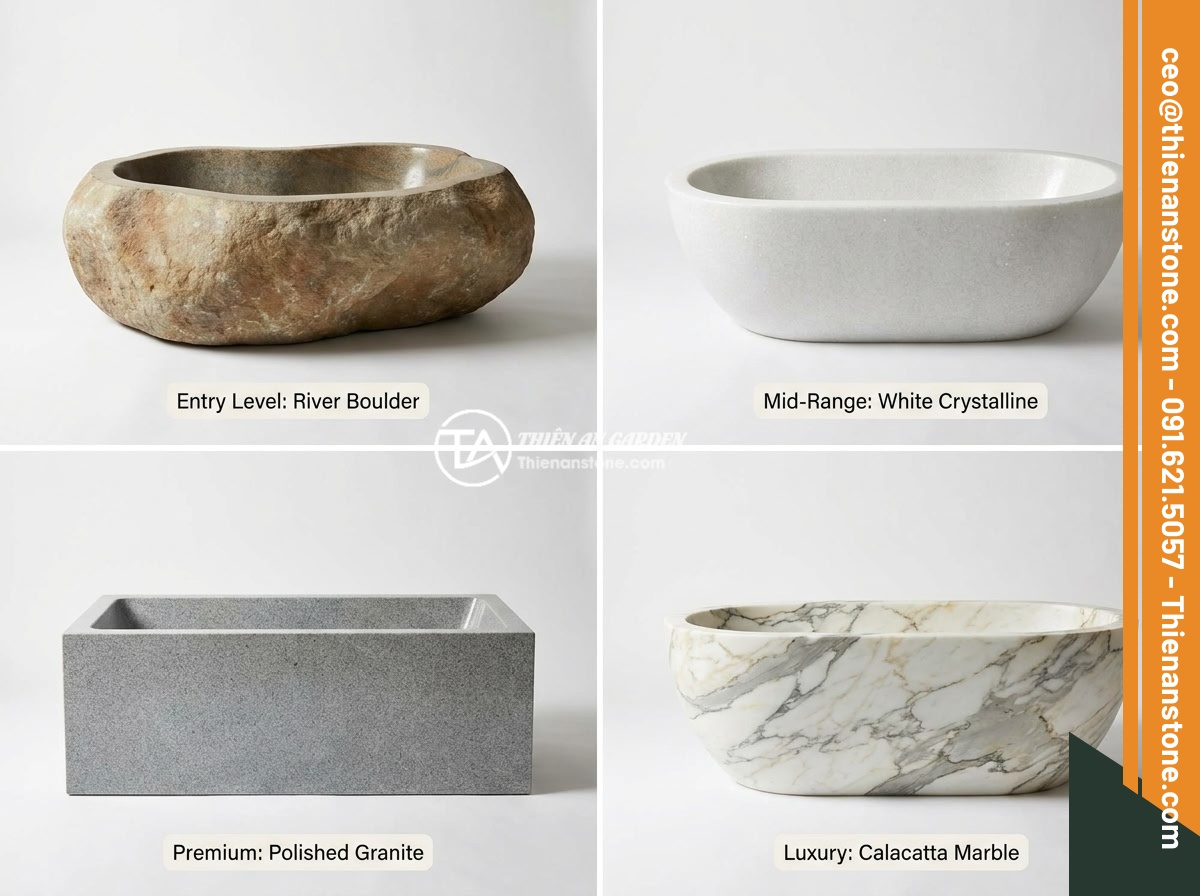 Ý Tưởng Thiết Kế Phòng Tắm Với Bồn Tắm Đá Tự Nhiên Sang Trọng 2026 - Comparison showcase of four different natural stone bathtubs representing differ