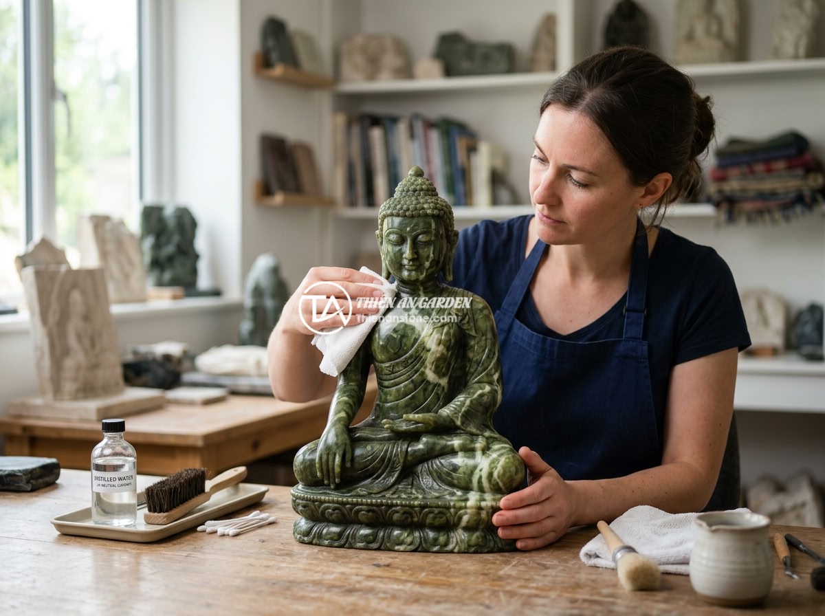 Ý Tưởng Thiết Kế Tiểu Cảnh Tượng Phật Cho Không Gian Nội Thất Hiện Đại - Hình 10 Ý Tưởng Thiết Kế Tiểu Cảnh Tượng Phật Cho Không Gian Nội Thất Hiện Đại - Person carefully cleaning a natural stone Buddha statue with a soft cloth, with