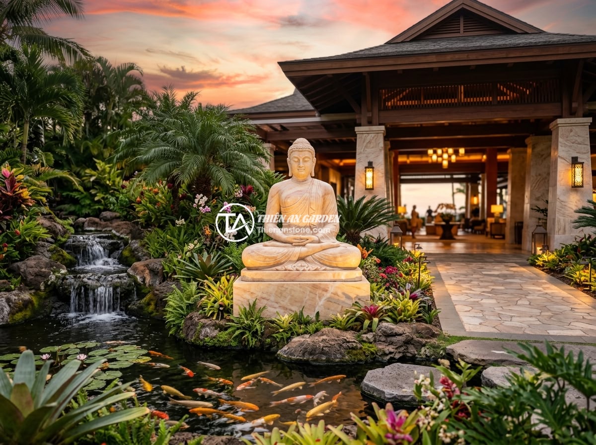 Ý Tưởng Thiết Kế Tiểu Cảnh Tượng Phật Cho Không Gian Nội Thất Hiện Đại - Hình 12 Ý Tưởng Thiết Kế Tiểu Cảnh Tượng Phật Cho Không Gian Nội Thất Hiện Đại - Luxurious resort entrance featuring a grand natural stone Buddha statue surround