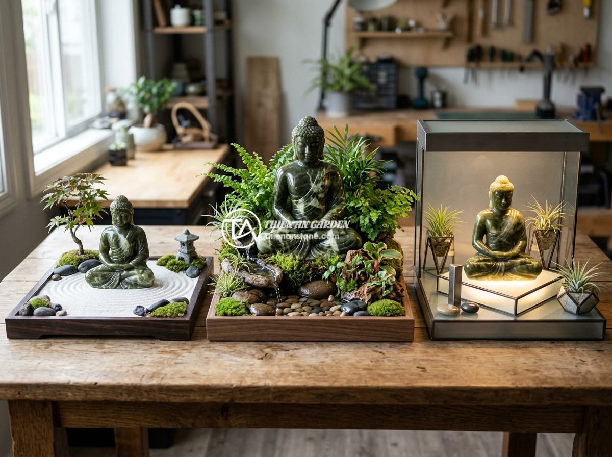 Ý Tưởng Thiết Kế Tiểu Cảnh Tượng Phật Cho Không Gian Nội Thất Hiện Đại - Hình 2 Ý Tưởng Thiết Kế Tiểu Cảnh Tượng Phật Cho Không Gian Nội Thất Hiện Đại - Three different Buddha statue miniature landscape styles side by side - Japanese