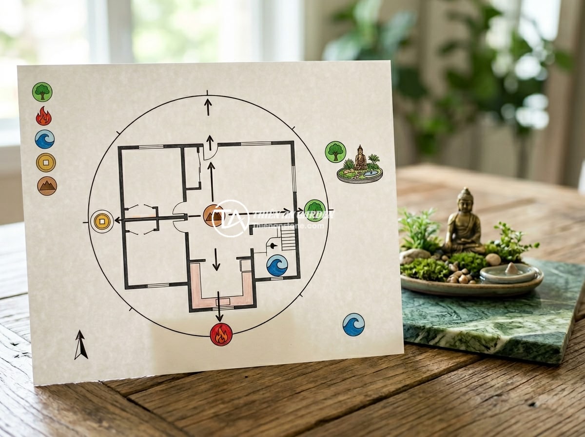 Ý Tưởng Thiết Kế Tiểu Cảnh Tượng Phật Cho Không Gian Nội Thất Hiện Đại - Hình 5 Ý Tưởng Thiết Kế Tiểu Cảnh Tượng Phật Cho Không Gian Nội Thất Hiện Đại - Feng shui diagram showing ideal placement of a Buddha statue miniature landscape
