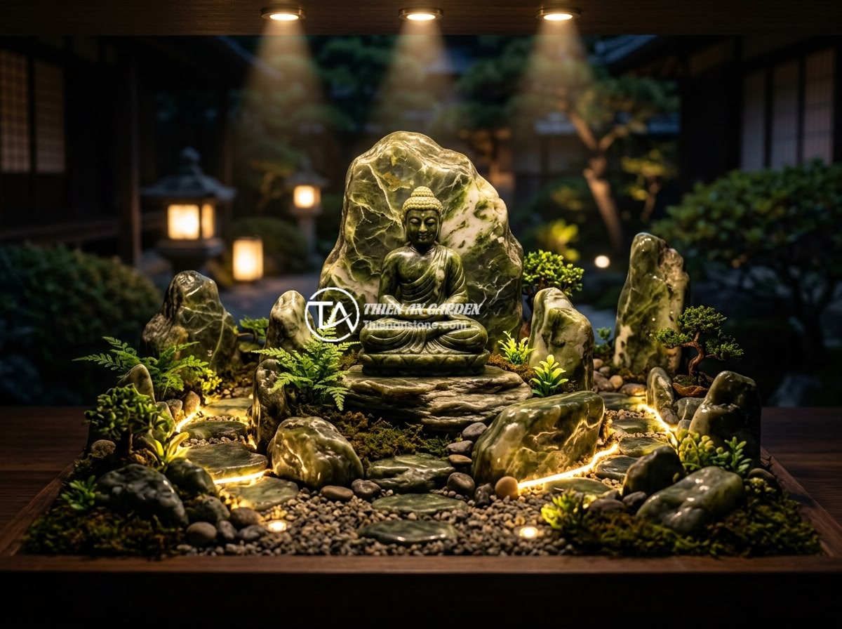 Ý Tưởng Thiết Kế Tiểu Cảnh Tượng Phật Cho Không Gian Nội Thất Hiện Đại - Hình 6 Ý Tưởng Thiết Kế Tiểu Cảnh Tượng Phật Cho Không Gian Nội Thất Hiện Đại - Beautifully lit Buddha statue miniature landscape at night with warm LED spotlig