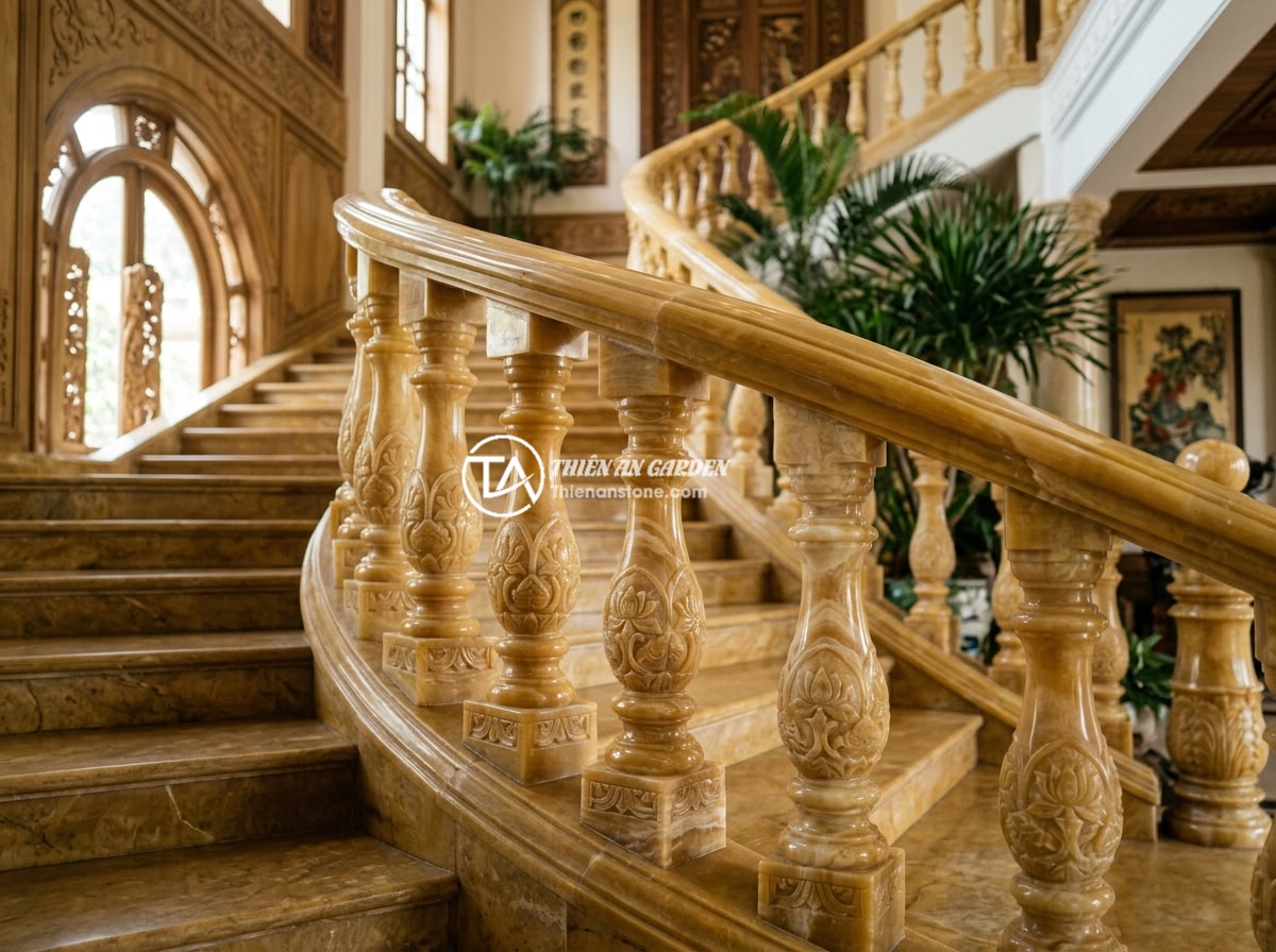 10 Câu Hỏi Thường Gặp Về Lục Bình Đá Lan Can – Giải Đáp Từ A Đến Z - Traditional Vietnamese stone baluster railing system installed on a grand stairc