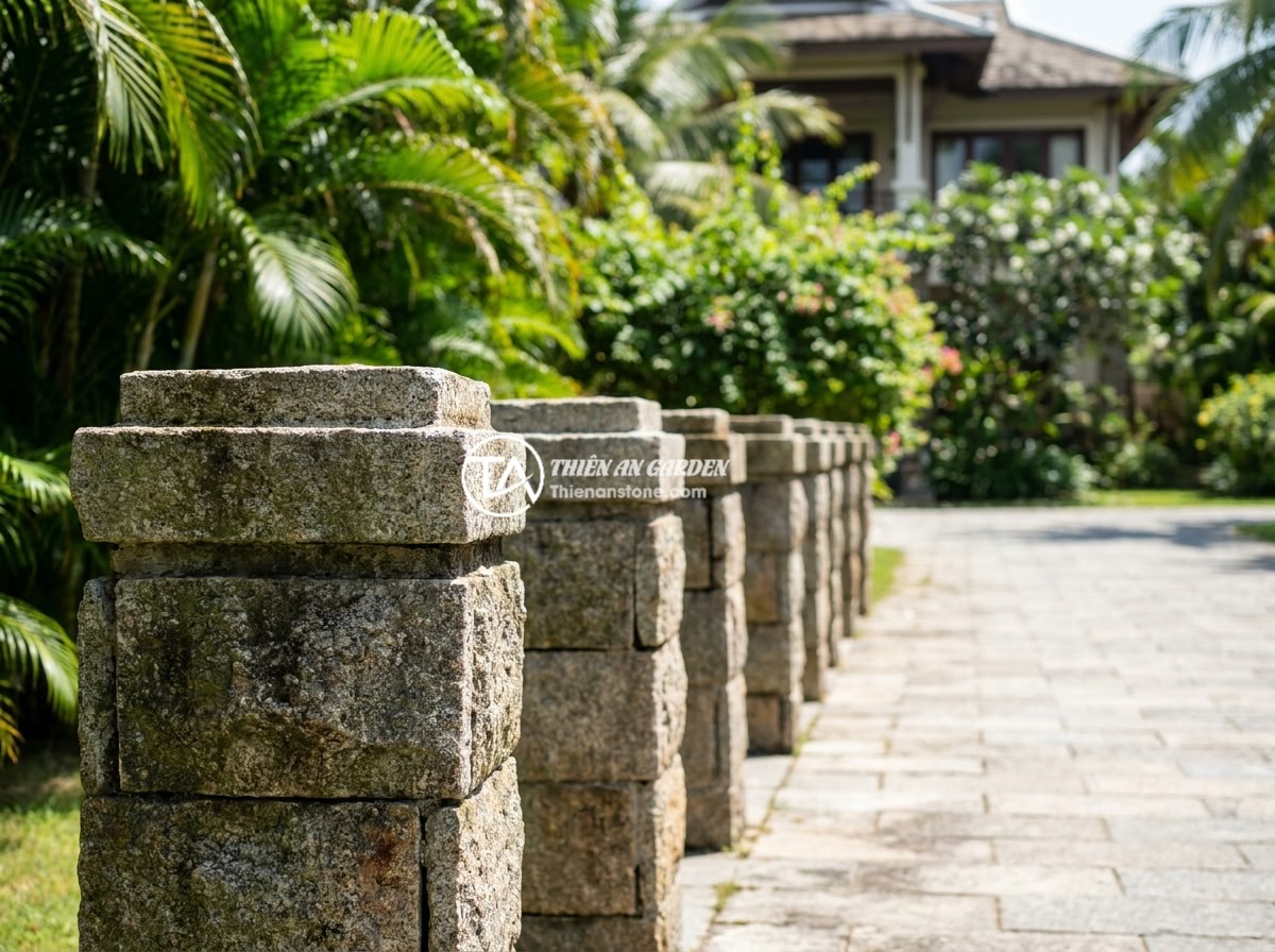 10 Lợi Ích Sử Dụng Trụ Đá Tự Nhiên Làm Hàng Rào Cho Không Gian Sống - A row of elegant natural stone fence pillars standing strong along a luxurious V