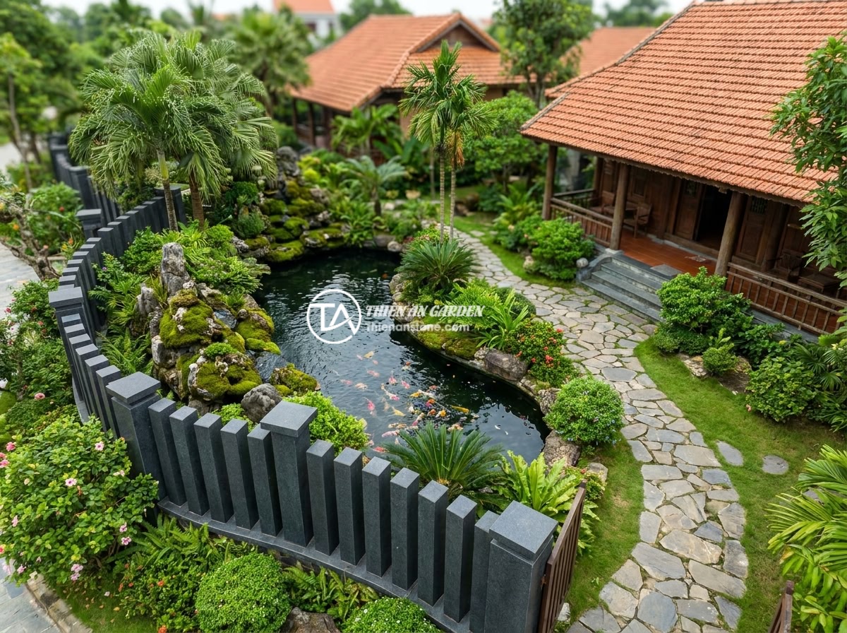 10 Lợi Ích Sử Dụng Trụ Đá Tự Nhiên Làm Hàng Rào Cho Không Gian Sống - An aerial view of a luxury Vietnamese villa compound showing natural stone fence