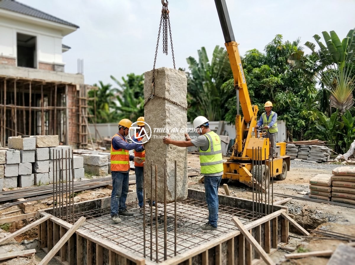 10 Lợi Ích Sử Dụng Trụ Đá Tự Nhiên Làm Hàng Rào Cho Không Gian Sống - Professional stone masons carefully installing a large natural stone fence pilla