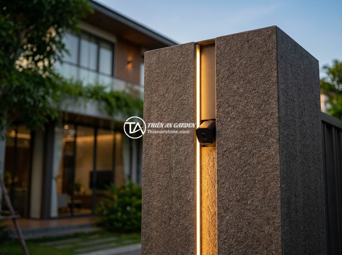 10 Lợi Ích Sử Dụng Trụ Đá Tự Nhiên Làm Hàng Rào Cho Không Gian Sống - A modern minimalist natural stone fence pillar with integrated LED lighting at d