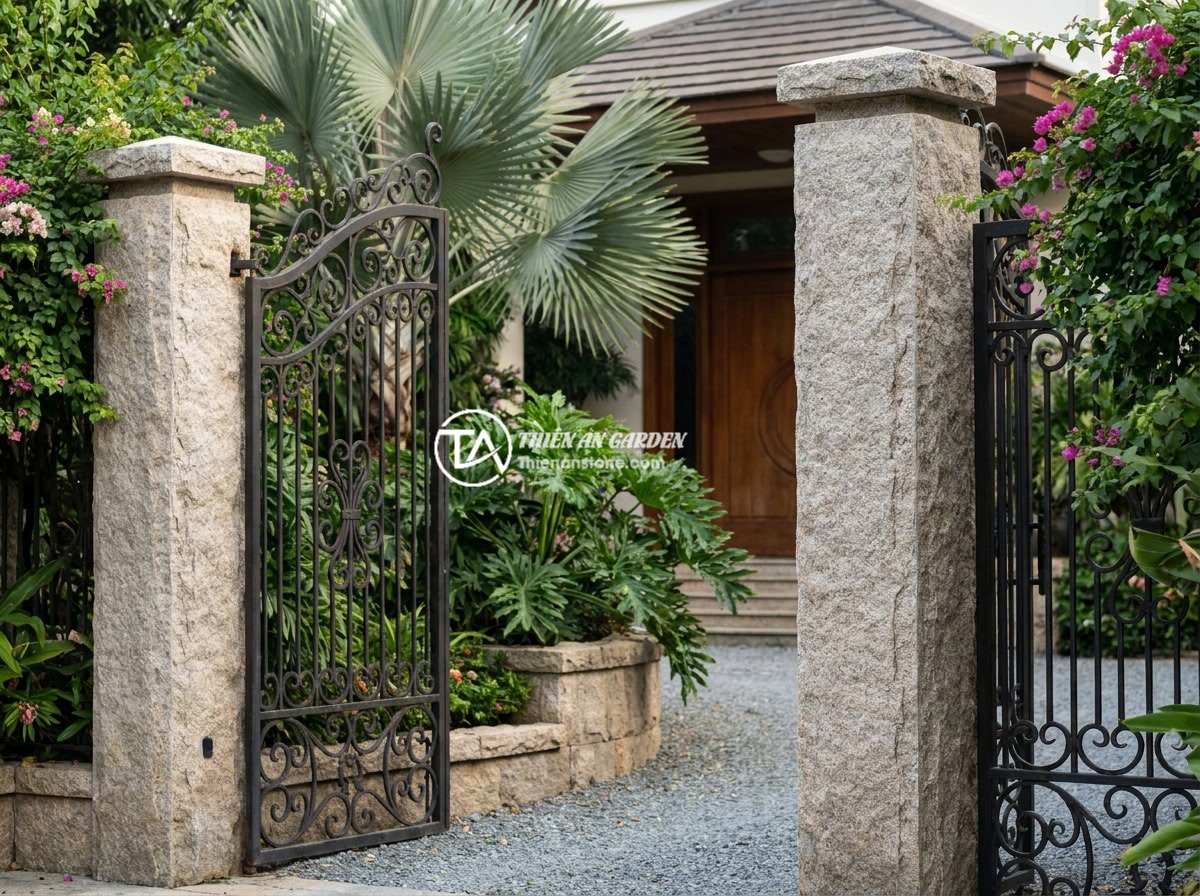 10 Lợi Ích Sử Dụng Trụ Đá Tự Nhiên Làm Hàng Rào Cho Không Gian Sống - A grand Vietnamese villa entrance featuring tall natural stone pillars with orna