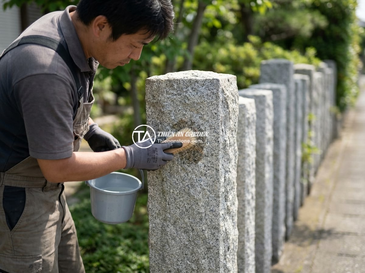 10 Lợi Ích Sử Dụng Trụ Đá Tự Nhiên Làm Hàng Rào Cho Không Gian Sống - A maintenance worker gently cleaning a natural stone fence pillar with a soft br