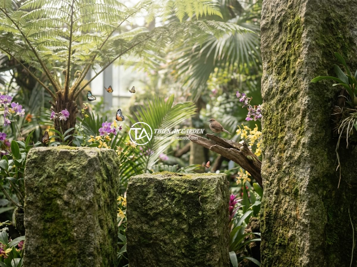 10 Lợi Ích Sử Dụng Trụ Đá Tự Nhiên Làm Hàng Rào Cho Không Gian Sống - A serene eco-friendly garden setting with natural stone fence pillars harmonious