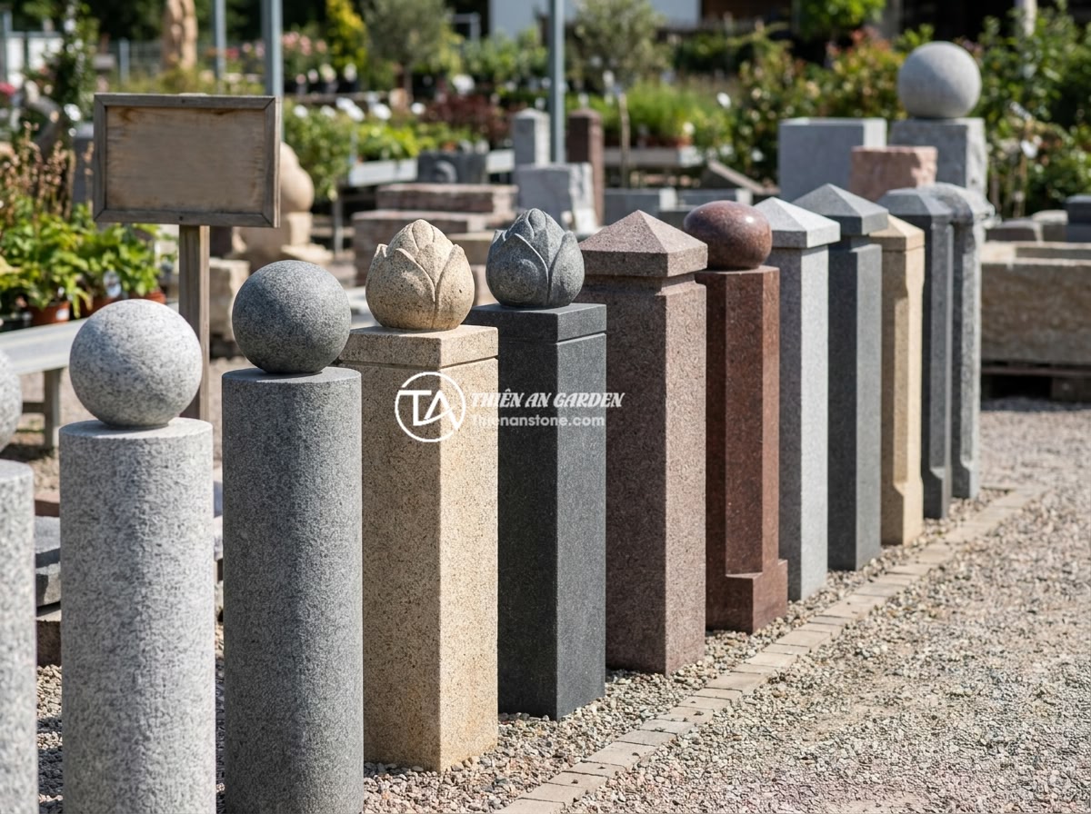 10 Lợi Ích Sử Dụng Trụ Đá Tự Nhiên Làm Hàng Rào Cho Không Gian Sống - A showcase display of various natural stone fence pillar designs including round