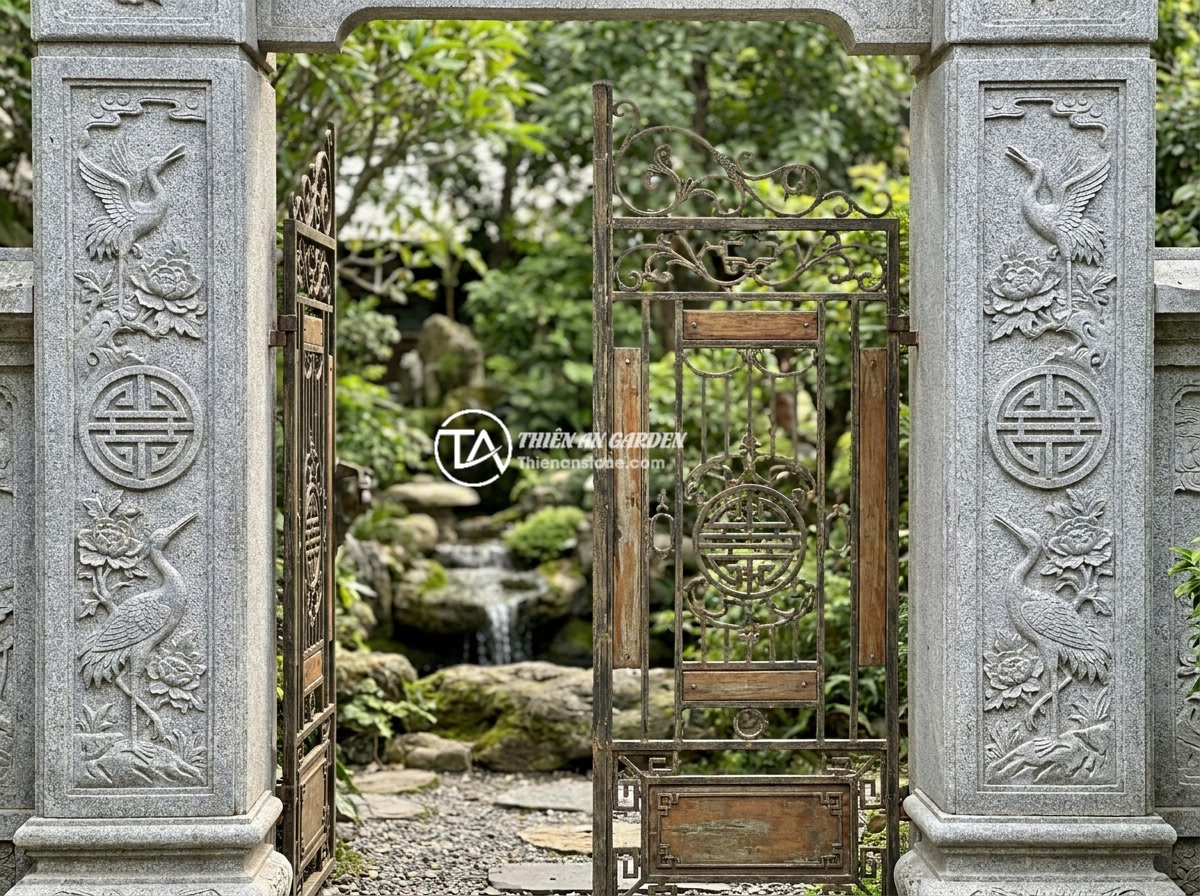 10 Lợi Ích Sử Dụng Trụ Đá Tự Nhiên Làm Hàng Rào Cho Không Gian Sống - A feng shui-inspired natural stone gate entrance with two tall stone pillars fla