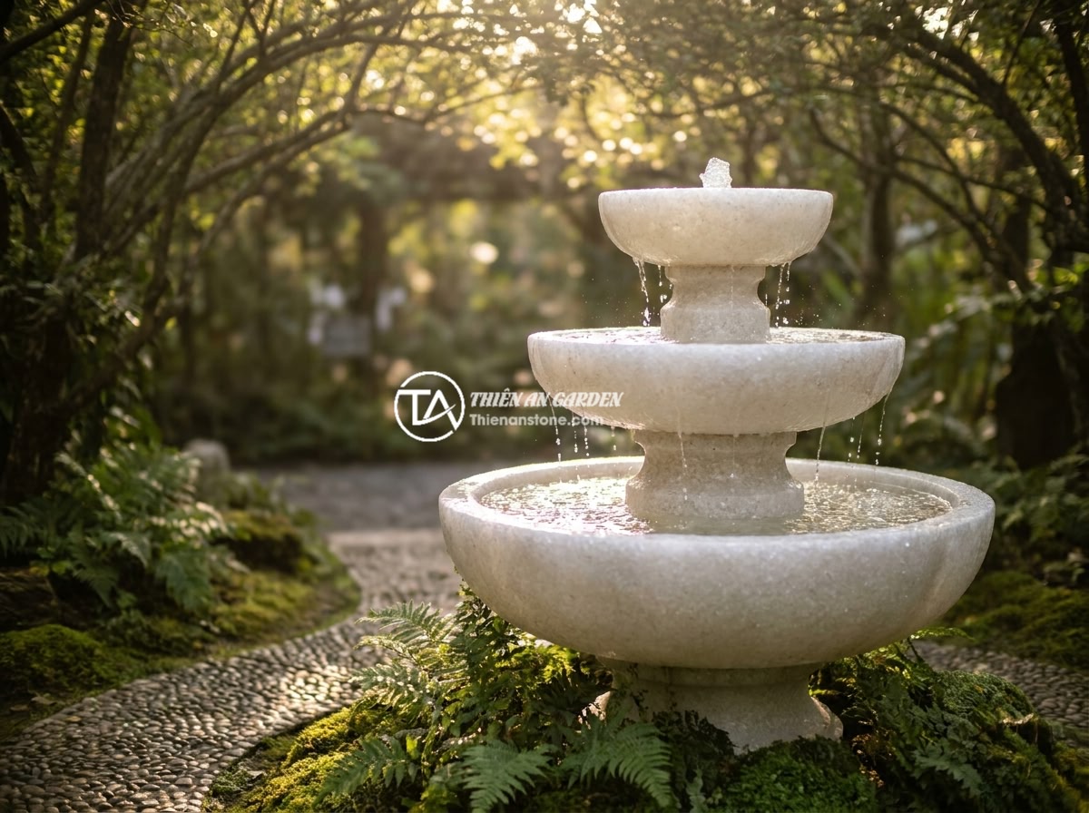 10 Ý Tưởng Thiết Kế Đài Phun Nước Bằng Đá Cho Sân Vườn Nhỏ, Ban Công Hẹp - A three-tiered natural stone fountain in a small garden corner, with water casca